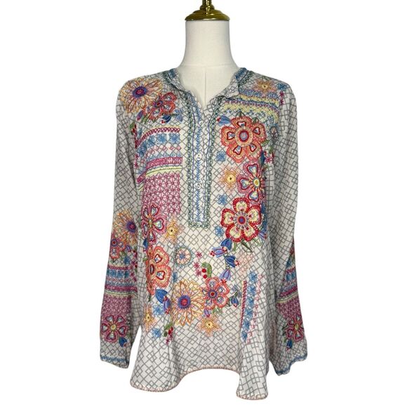 Johnny Was Biya Katie Blouse Women’s Medium 100% Silk Floral Embroidered Top - Picture 2 of 9